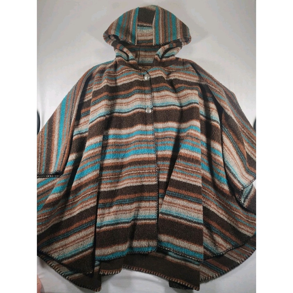 Bear Ridge Outfitters Poncho Women XL2X Brown Teal Striped Hooded Wool Blend USA - Picture 2 of 9